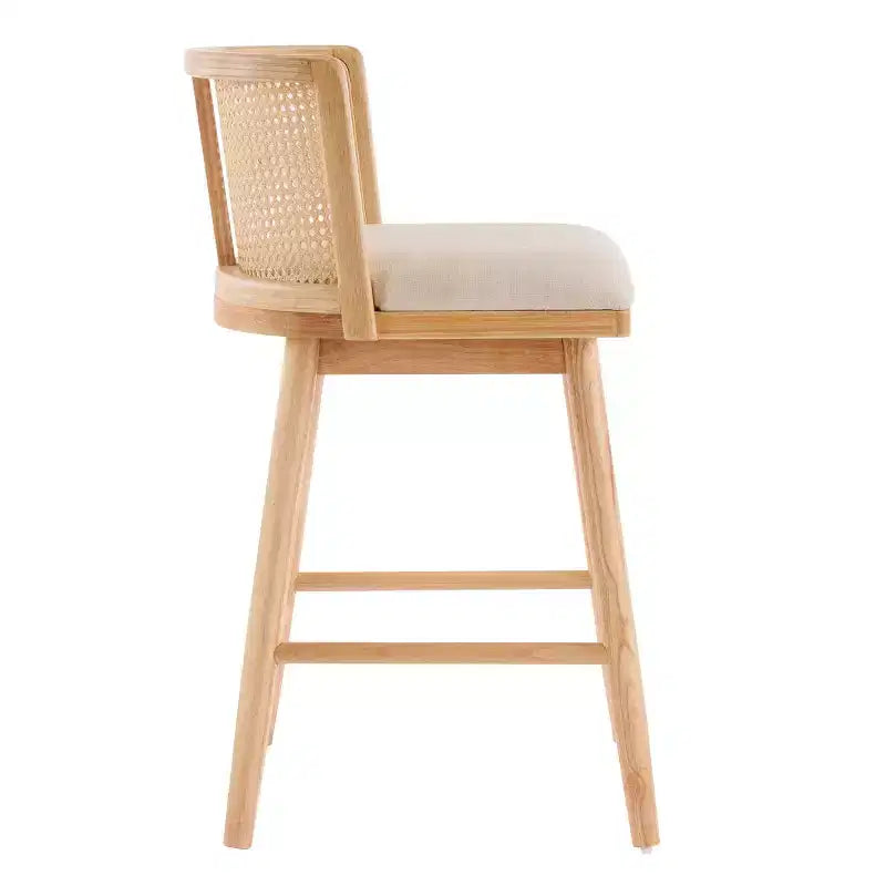 Set of 2 Wooden Counter Height Stools with Ratton Back, Beige Upholstery Counter Chairs for Kitchen Island, Home Bar, or Restaurant-Panipeachy