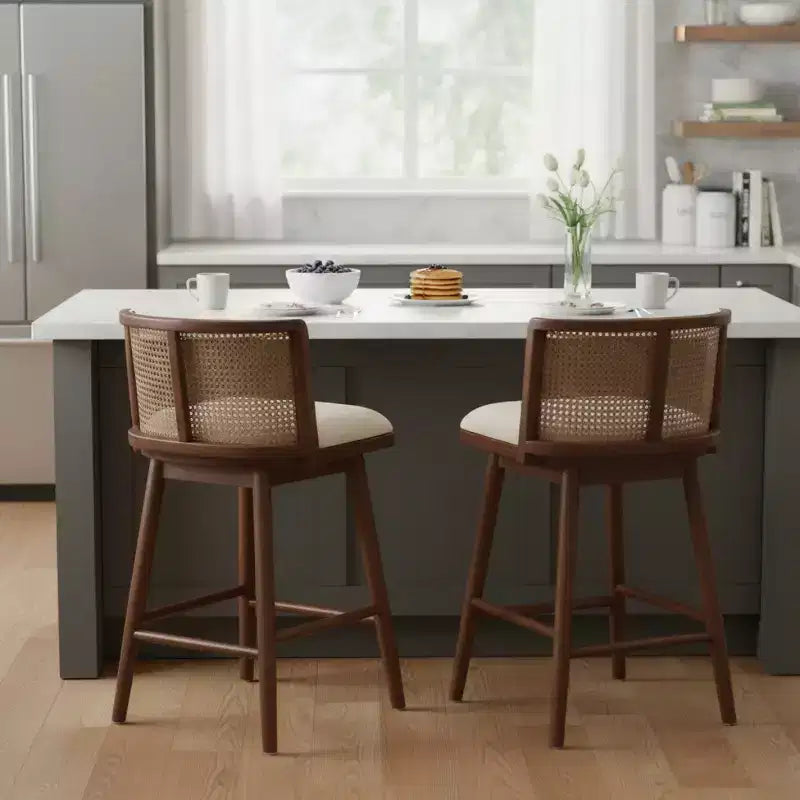 Set of 2 Wooden Counter Height Stools with Ratton Back, Beige Upholstery Counter Chairs for Kitchen Island, Home Bar, or Restaurant-Panipeachy