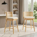 Set of 2 Wooden Counter Height Stools with Ratton Back, Beige Upholstery Counter Chairs for Kitchen Island, Home Bar, or Restaurant-Panipeachy