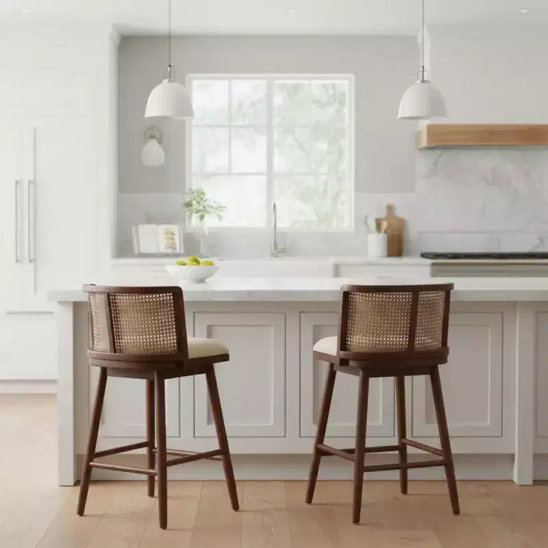 Set of 2 Wooden Counter Height Stools with Ratton Back, Beige Upholstery Counter Chairs for Kitchen Island, Home Bar, or Restaurant-Panipeachy