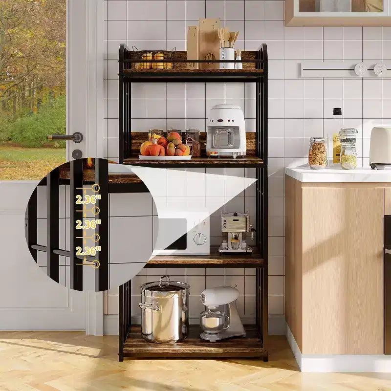 4-Tier Bakers Rack for Kitchen with Storage, Industrial Microwave Stand Shelf, Coffee Bar for Small Spaces, Free Standing Kitchen Storage Shelf Rack
