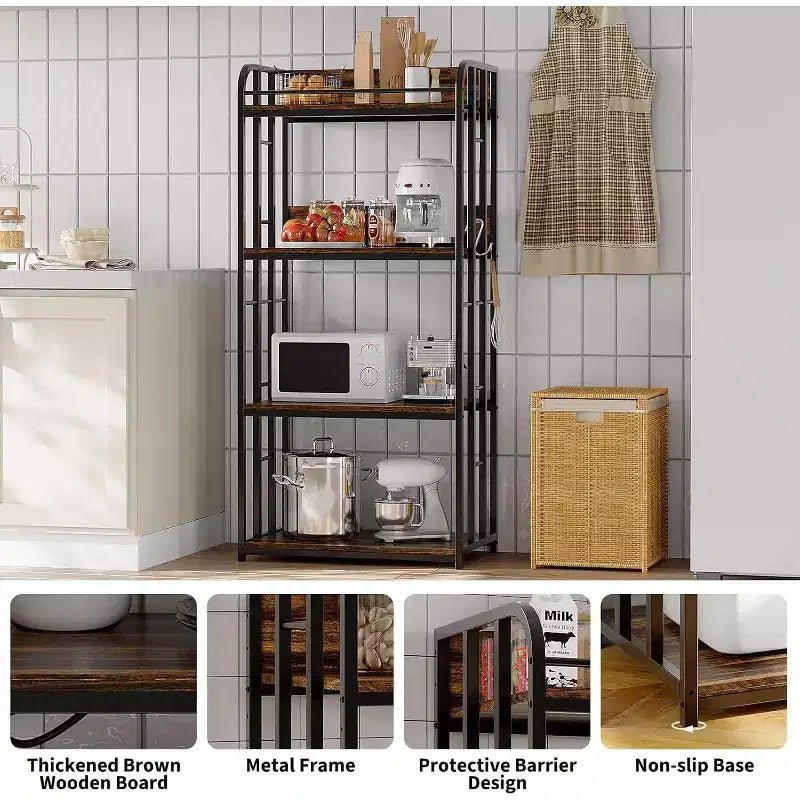 4-Tier Bakers Rack for Kitchen with Storage, Industrial Microwave Stand Shelf, Coffee Bar for Small Spaces, Free Standing Kitchen Storage Shelf Rack