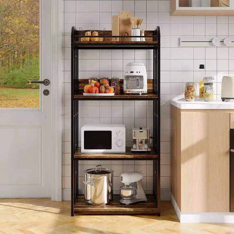 4-Tier Bakers Rack for Kitchen with Storage, Industrial Microwave Stand Shelf, Coffee Bar for Small Spaces, Free Standing Kitchen Storage Shelf Rack