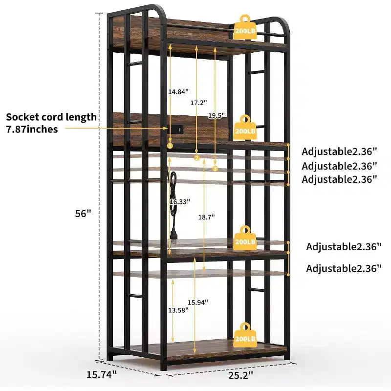 4-Tier Bakers Rack for Kitchen with Storage, Industrial Microwave Stand Shelf, Coffee Bar for Small Spaces, Free Standing Kitchen Storage Shelf Rack