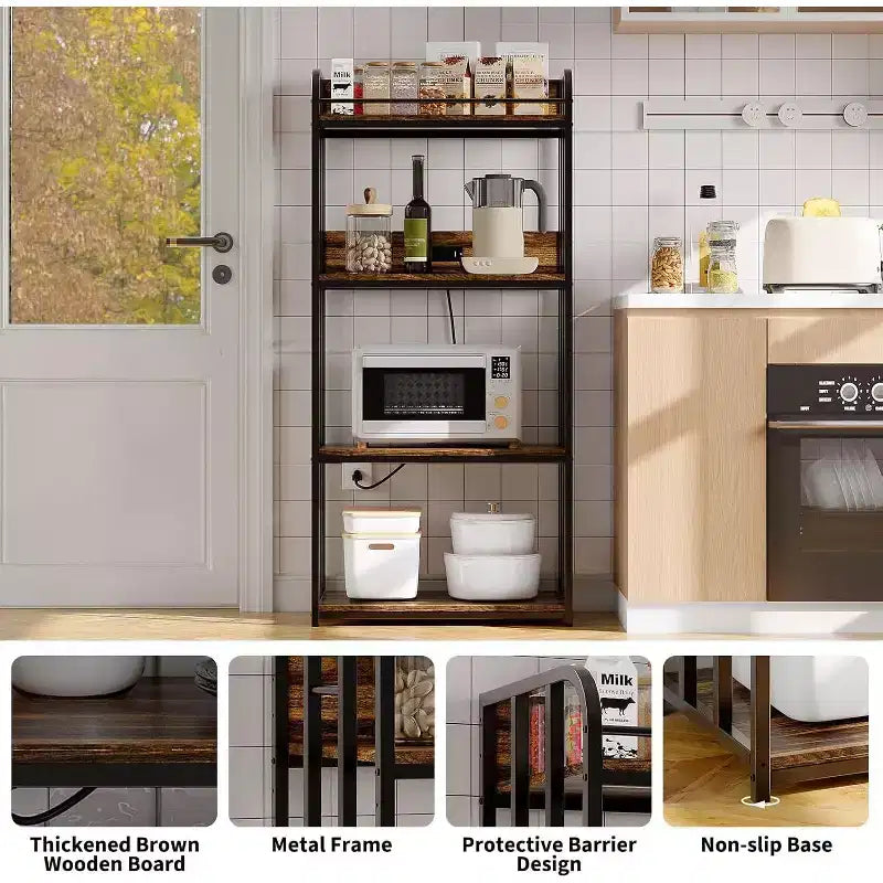 4-Tier Bakers Rack for Kitchen with Storage, Industrial Microwave Stand Shelf, Coffee Bar for Small Spaces, Free Standing Kitchen Storage Shelf Rack