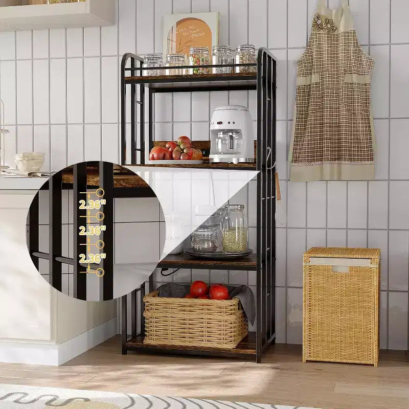 4-Tier Bakers Rack for Kitchen with Storage, Industrial Microwave Stand Shelf, Coffee Bar for Small Spaces, Free Standing Kitchen Storage Shelf Rack