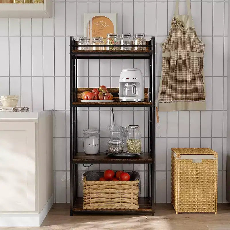 4-Tier Bakers Rack for Kitchen with Storage, Industrial Microwave Stand Shelf, Coffee Bar for Small Spaces, Free Standing Kitchen Storage Shelf Rack