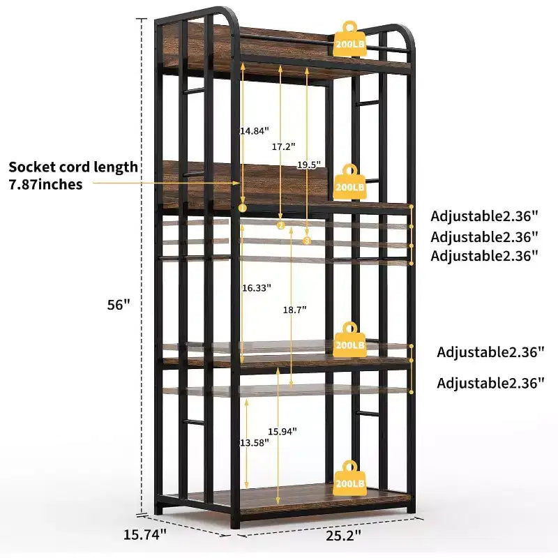 4-Tier Bakers Rack for Kitchen with Storage, Industrial Microwave Stand Shelf, Coffee Bar for Small Spaces, Free Standing Kitchen Storage Shelf Rack