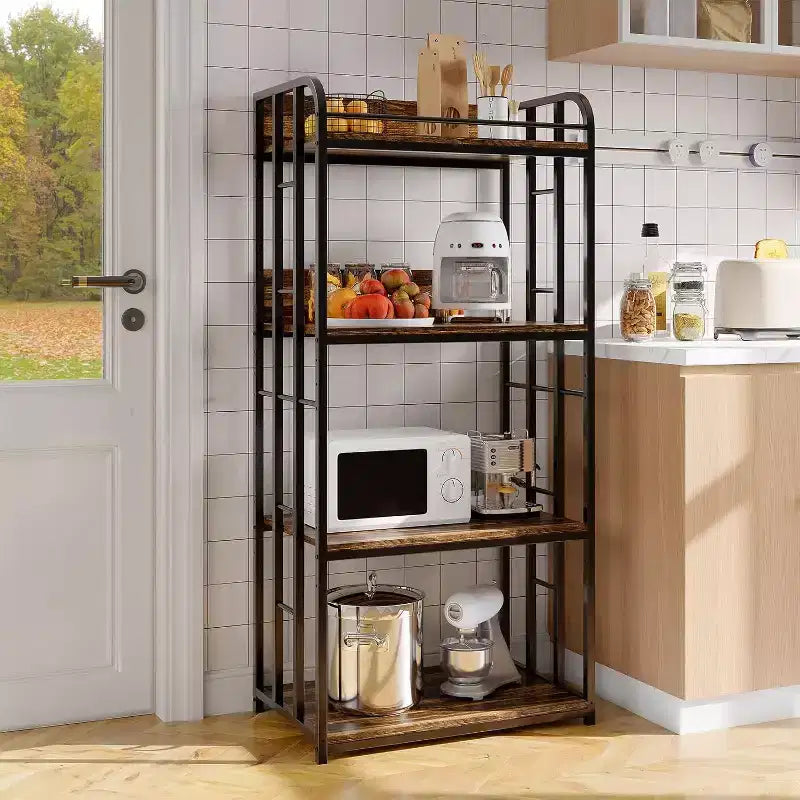 4-Tier Bakers Rack for Kitchen with Storage, Industrial Microwave Stand Shelf, Coffee Bar for Small Spaces, Free Standing Kitchen Storage Shelf Rack