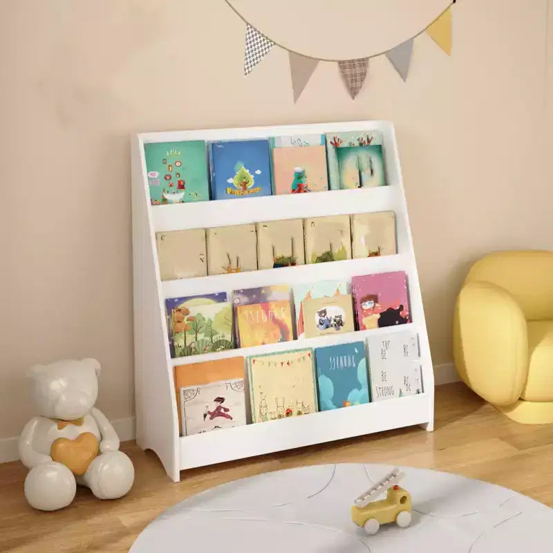 4 Tier Bookshelf and Storage Organizer, Five Layer Sling Bookcase, Wooden Book Shelf, Display Cabinet for Playroom,Classroom, School