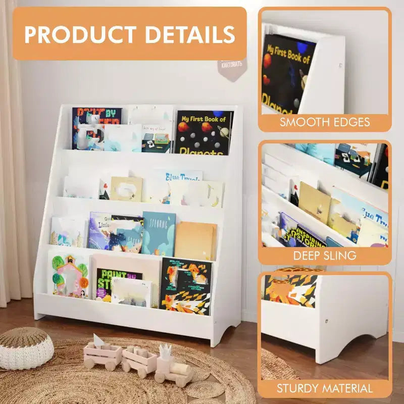 4 Tier Bookshelf and Storage Organizer, Five Layer Sling Bookcase, Wooden Book Shelf, Display Cabinet for Playroom,Classroom, School