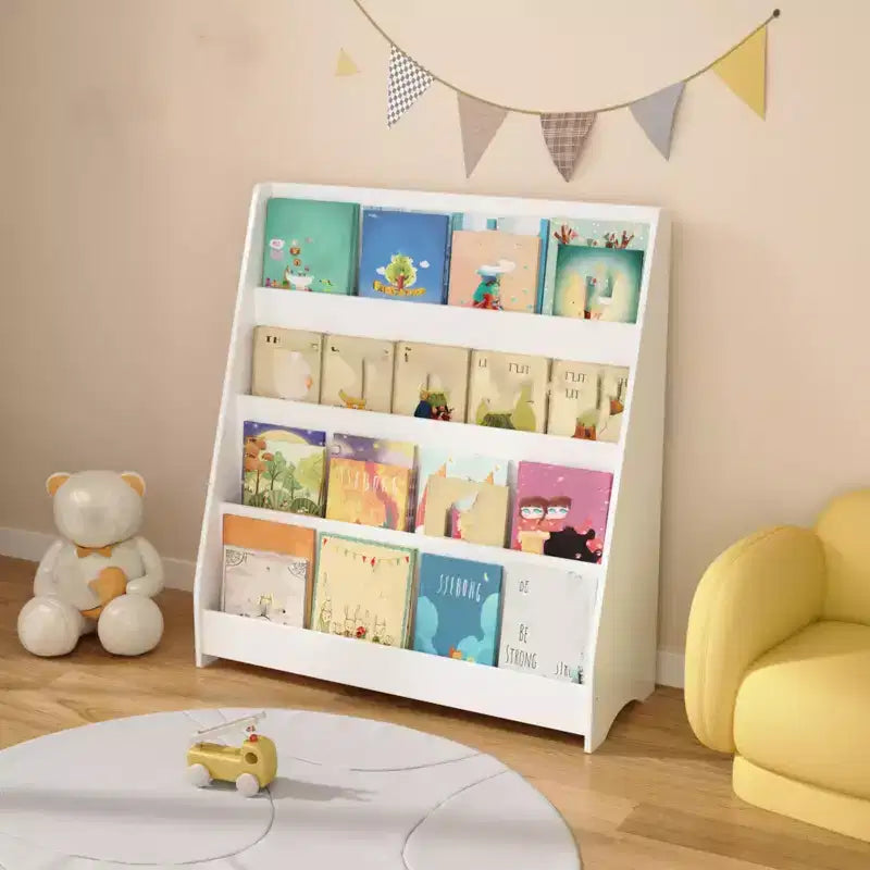 4 Tier Bookshelf and Storage Organizer, Five Layer Sling Bookcase, Wooden Book Shelf, Display Cabinet for Playroom,Classroom, School