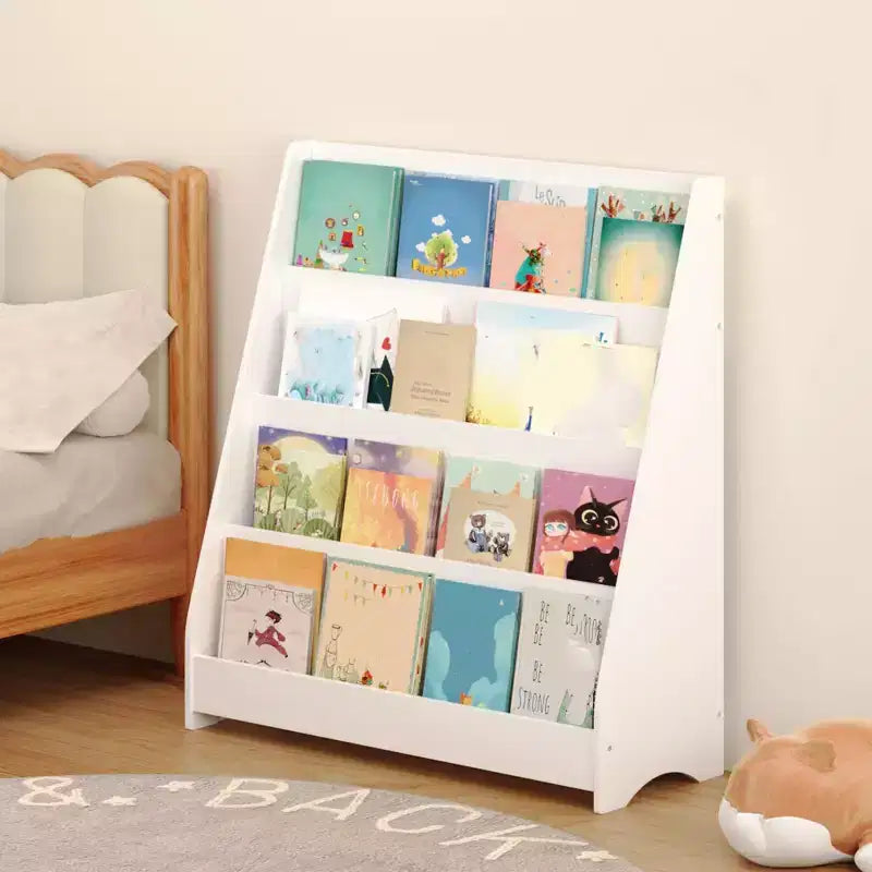 4 Tier Bookshelf and Storage Organizer, Five Layer Sling Bookcase, Wooden Book Shelf, Display Cabinet for Playroom,Classroom, School