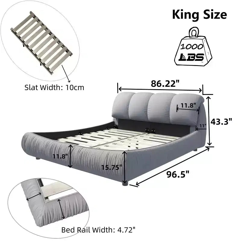 King Size Luxury Upholstered Platform Bed with Oversized Padded Backrset and Solid Wood Frame Gray