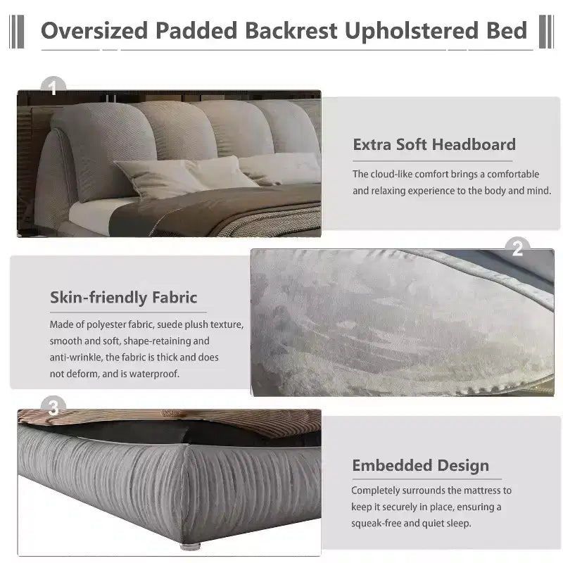 King Size Luxury Upholstered Platform Bed with Oversized Padded Backrset and Solid Wood Frame Gray