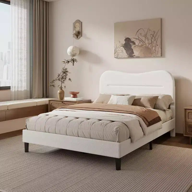Full Size Upholstered Bed Frame Teddy Boucle Fabric Headboard White Cloud Bed Frame Modern Marshmallow Design No Box Spring Needed Strong Wood Slats