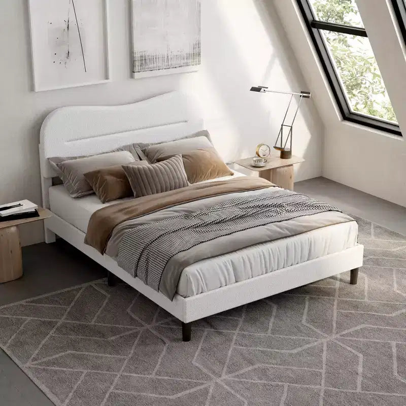 Full Size Upholstered Bed Frame Teddy Boucle Fabric Headboard White Cloud Bed Frame Modern Marshmallow Design No Box Spring Needed Strong Wood Slats