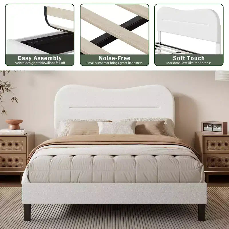 Full Size Upholstered Bed Frame Teddy Boucle Fabric Headboard White Cloud Bed Frame Modern Marshmallow Design No Box Spring Needed Strong Wood Slats