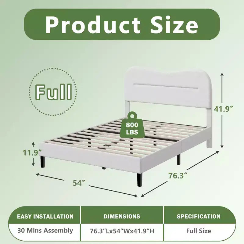 Full Size Upholstered Bed Frame Teddy Boucle Fabric Headboard White Cloud Bed Frame Modern Marshmallow Design No Box Spring Needed Strong Wood Slats