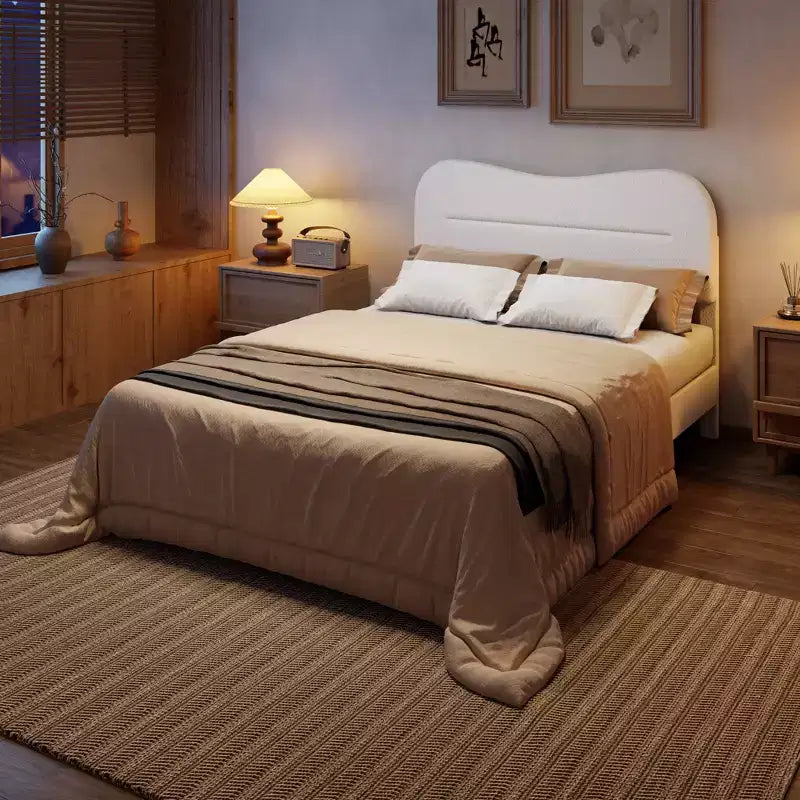Full Size Upholstered Bed Frame Teddy Boucle Fabric Headboard White Cloud Bed Frame Modern Marshmallow Design No Box Spring Needed Strong Wood Slats