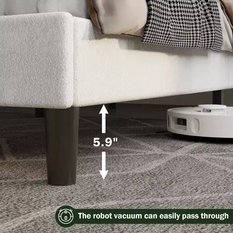 Full Size Upholstered Bed Frame Teddy Boucle Fabric Headboard White Cloud Bed Frame Modern Marshmallow Design No Box Spring Needed Strong Wood Slats