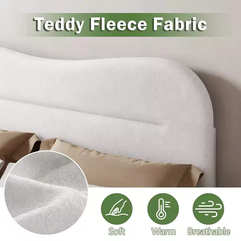 Full Size Upholstered Bed Frame Teddy Boucle Fabric Headboard White Cloud Bed Frame Modern Marshmallow Design No Box Spring Needed Strong Wood Slats