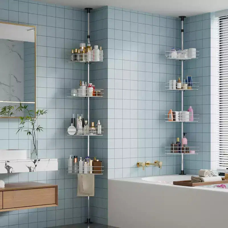 Tension Pole Shower Caddy, Corner Shower Caddies with 4 Basket Shelves & Built-In Towel Bars, Rustproof Bathroom Shower Organizer Adjustable 75-110