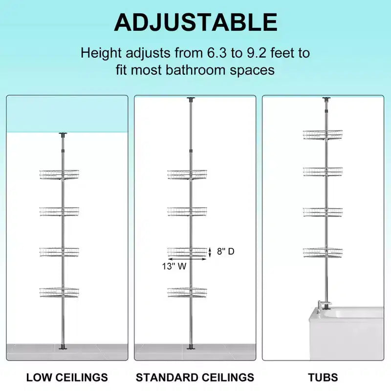 Tension Pole Shower Caddy, Corner Shower Caddies with 4 Basket Shelves & Built-In Towel Bars, Rustproof Bathroom Shower Organizer Adjustable 75-110
