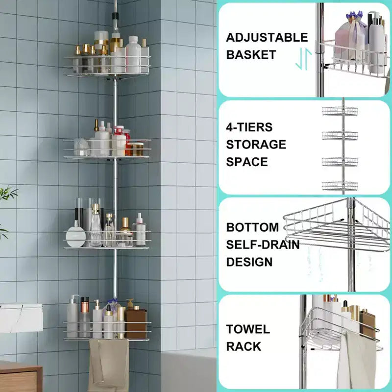 Tension Pole Shower Caddy, Corner Shower Caddies with 4 Basket Shelves & Built-In Towel Bars, Rustproof Bathroom Shower Organizer Adjustable 75-110