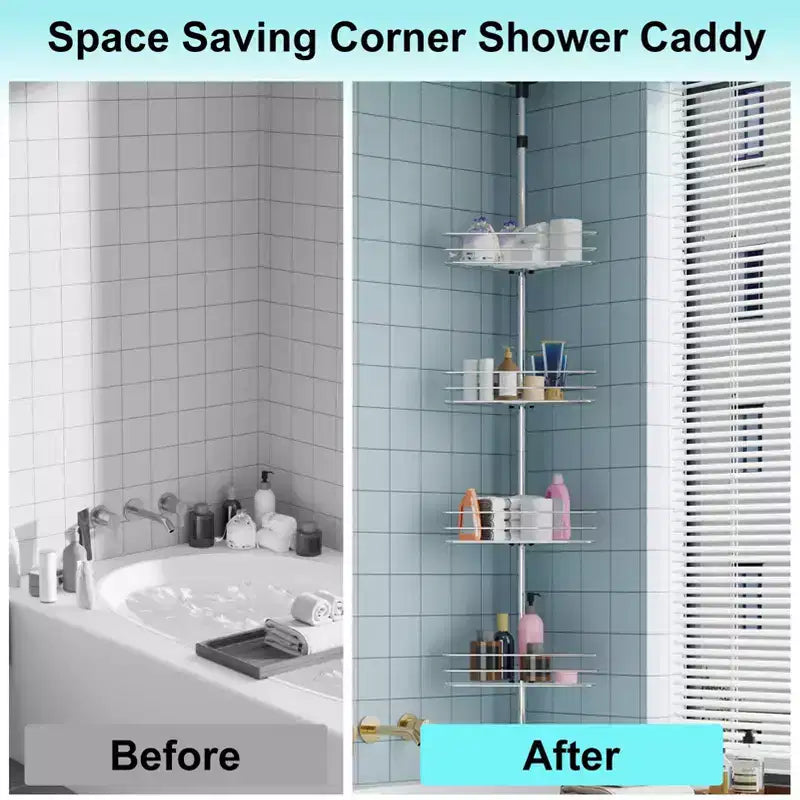 Tension Pole Shower Caddy, Corner Shower Caddies with 4 Basket Shelves & Built-In Towel Bars, Rustproof Bathroom Shower Organizer Adjustable 75-110