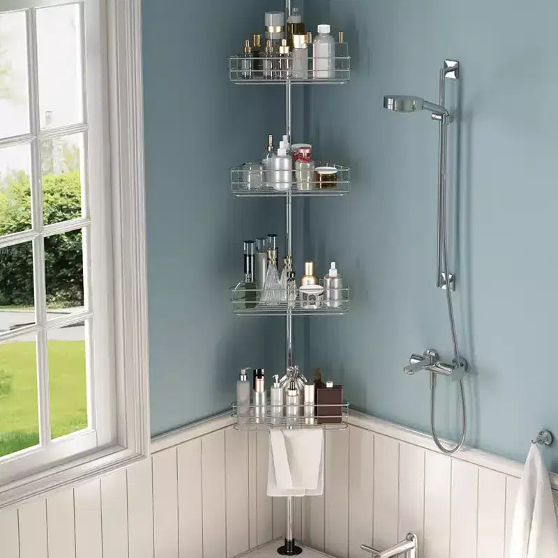 Tension Pole Shower Caddy, Corner Shower Caddies with 4 Basket Shelves & Built-In Towel Bars, Rustproof Bathroom Shower Organizer Adjustable 75-110