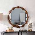 32.28 Round Wall Mirror, Rustic Farmhouse Accent Mirror Wavy Irregular Decorative Mirror, Walnut - ModernLuxe