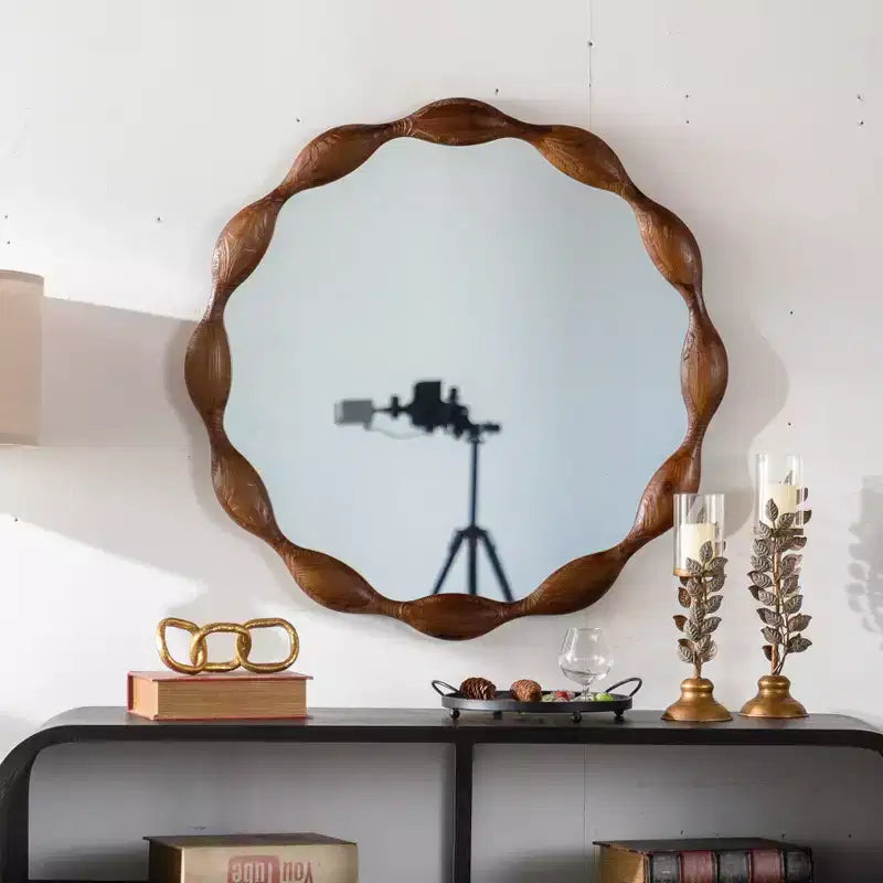 32.28 Round Wall Mirror, Rustic Farmhouse Accent Mirror Wavy Irregular Decorative Mirror, Walnut