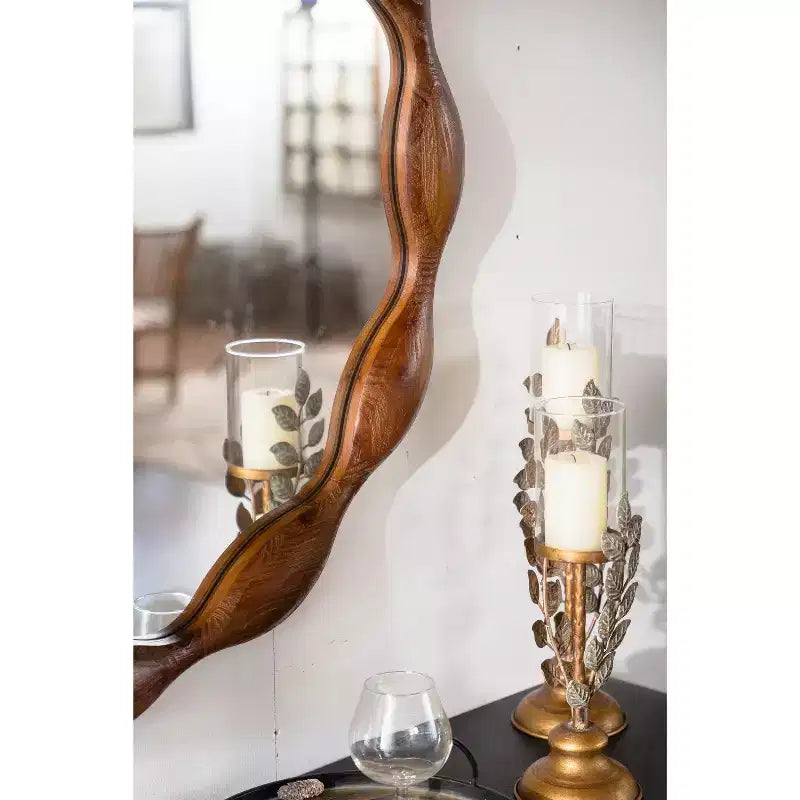 32.28 Round Wall Mirror, Rustic Farmhouse Accent Mirror Wavy Irregular Decorative Mirror, Walnut