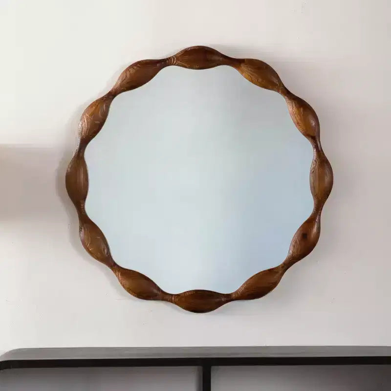 32.28 Round Wall Mirror, Rustic Farmhouse Accent Mirror Wavy Irregular Decorative Mirror, Walnut