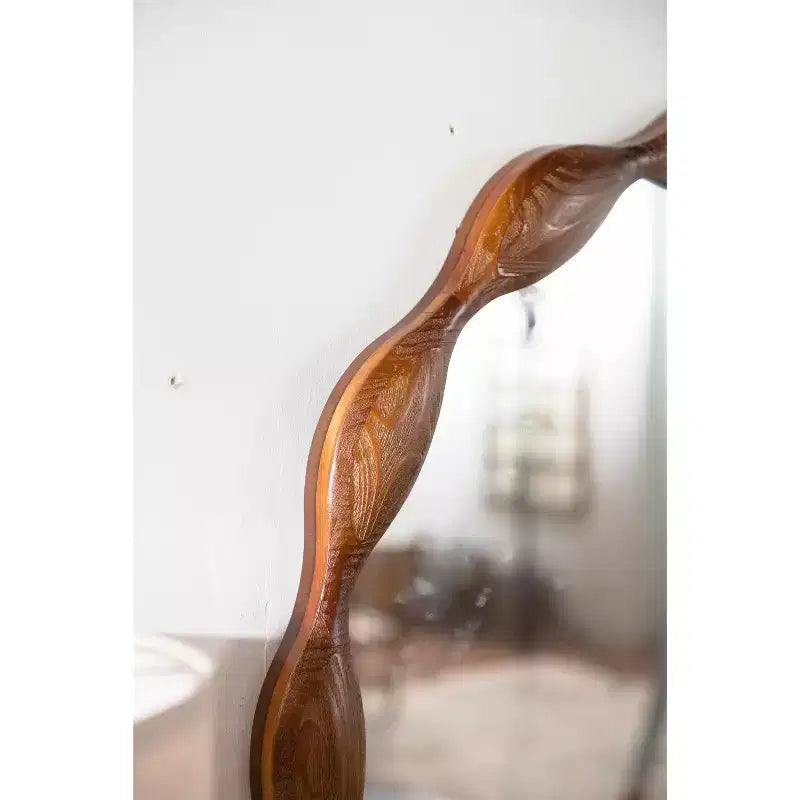 32.28 Round Wall Mirror, Rustic Farmhouse Accent Mirror Wavy Irregular Decorative Mirror, Walnut