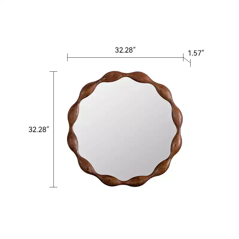 32.28 Round Wall Mirror, Rustic Farmhouse Accent Mirror Wavy Irregular Decorative Mirror, Walnut