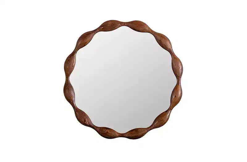 32.28 Round Wall Mirror, Rustic Farmhouse Accent Mirror Wavy Irregular Decorative Mirror, Walnut