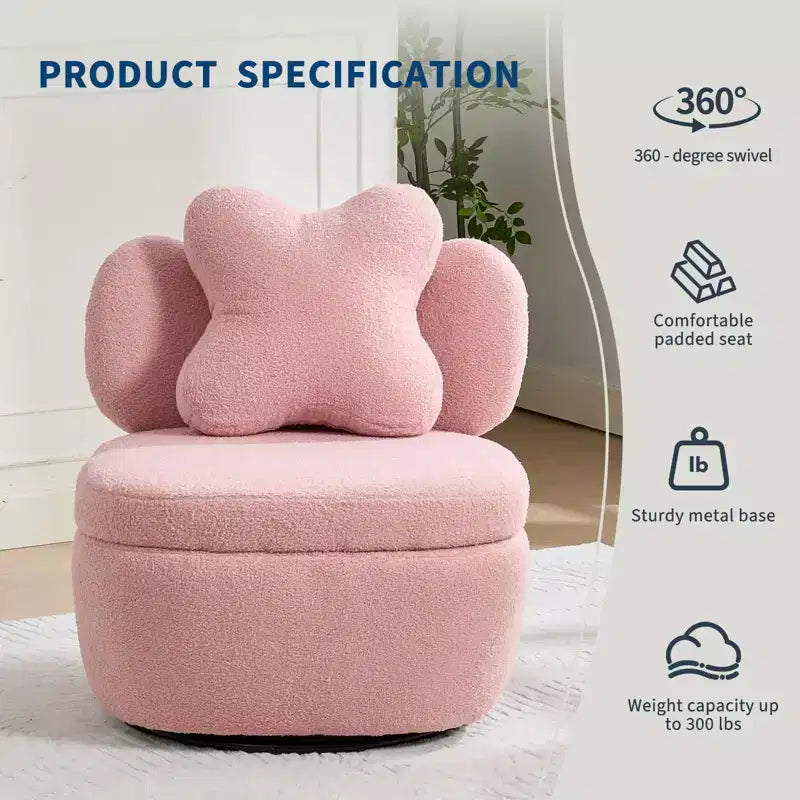 360 Swivel Accent Chair with Storage Compartment Teddy Velvet Upholstered Armchair with Ergonomic Cushion, Scratch-Resistant Fabric