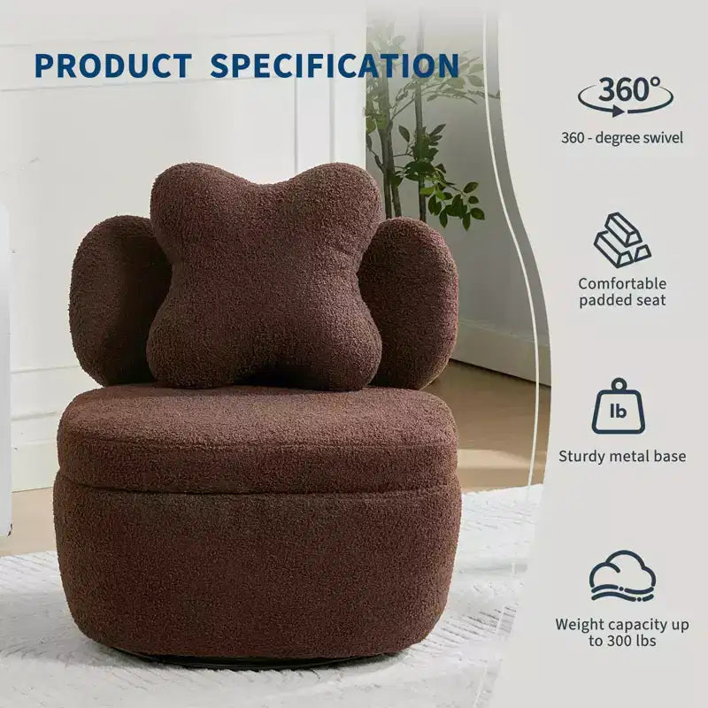 360 Swivel Accent Chair with Storage Compartment Teddy Velvet Upholstered Armchair with Ergonomic Cushion, Scratch-Resistant Fabric