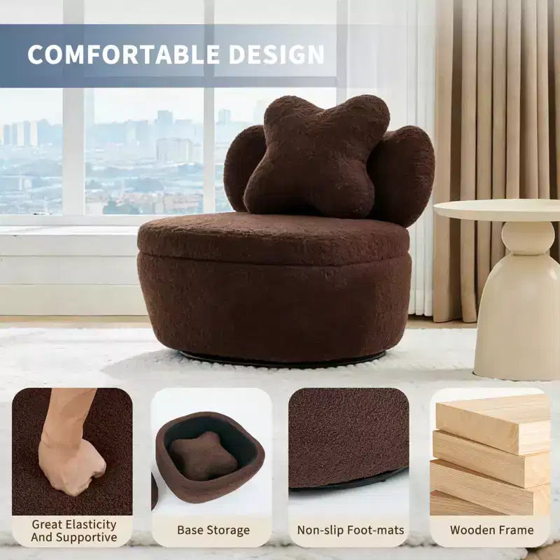 360 Swivel Accent Chair with Storage Compartment Teddy Velvet Upholstered Armchair with Ergonomic Cushion, Scratch-Resistant Fabric