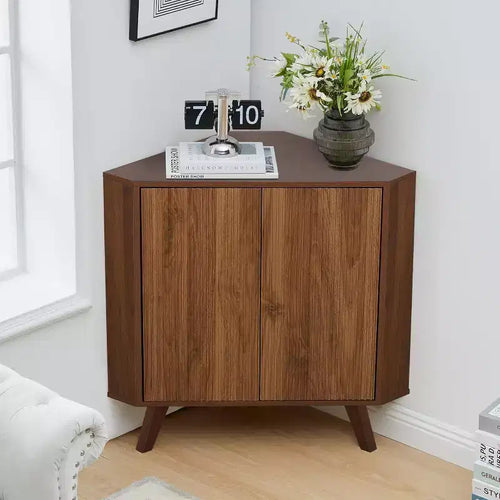 3-Tier Industrial Wooden Corner Table with Doors, Triangle End Table for Living Room, Kitchen, 31.5''x 15.7''x 30.7''