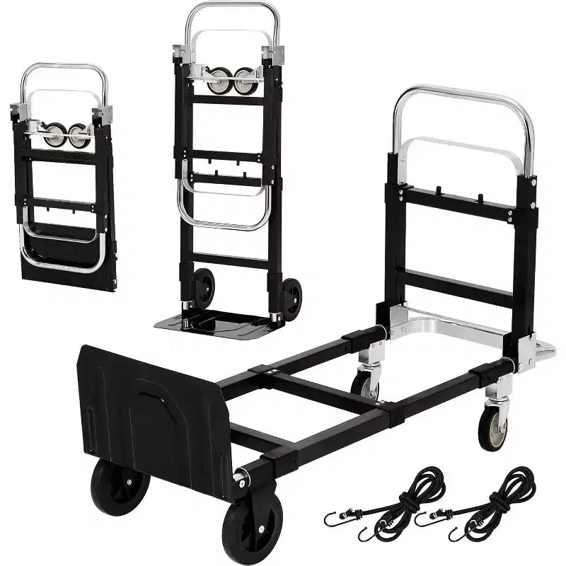 2 in 1 Convertible Hand Truck Dolly, 660 LBS Load Capacity Folding Cart with Wheels,Elastic Straps,Carbon Steel Collapsible Dolly Cart for Warehouse