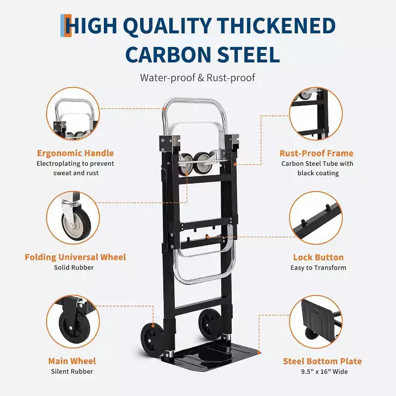 2 in 1 Convertible Hand Truck Dolly, 660 LBS Load Capacity Folding Cart with Wheels,Elastic Straps,Carbon Steel Collapsible Dolly Cart for Warehouse