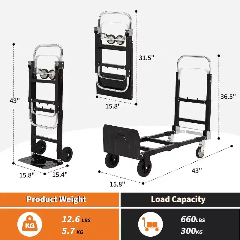 2 in 1 Convertible Hand Truck Dolly, 660 LBS Load Capacity Folding Cart with Wheels,Elastic Straps,Carbon Steel Collapsible Dolly Cart for Warehouse