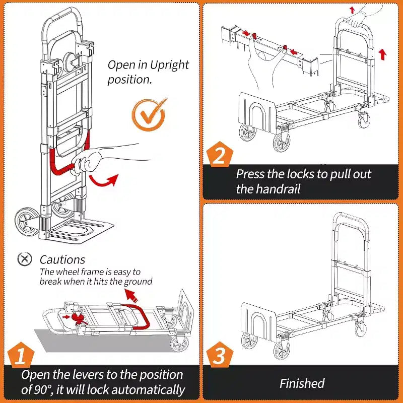 2 in 1 Convertible Hand Truck Dolly, 660 LBS Load Capacity Folding Cart with Wheels,Elastic Straps,Carbon Steel Collapsible Dolly Cart for Warehouse