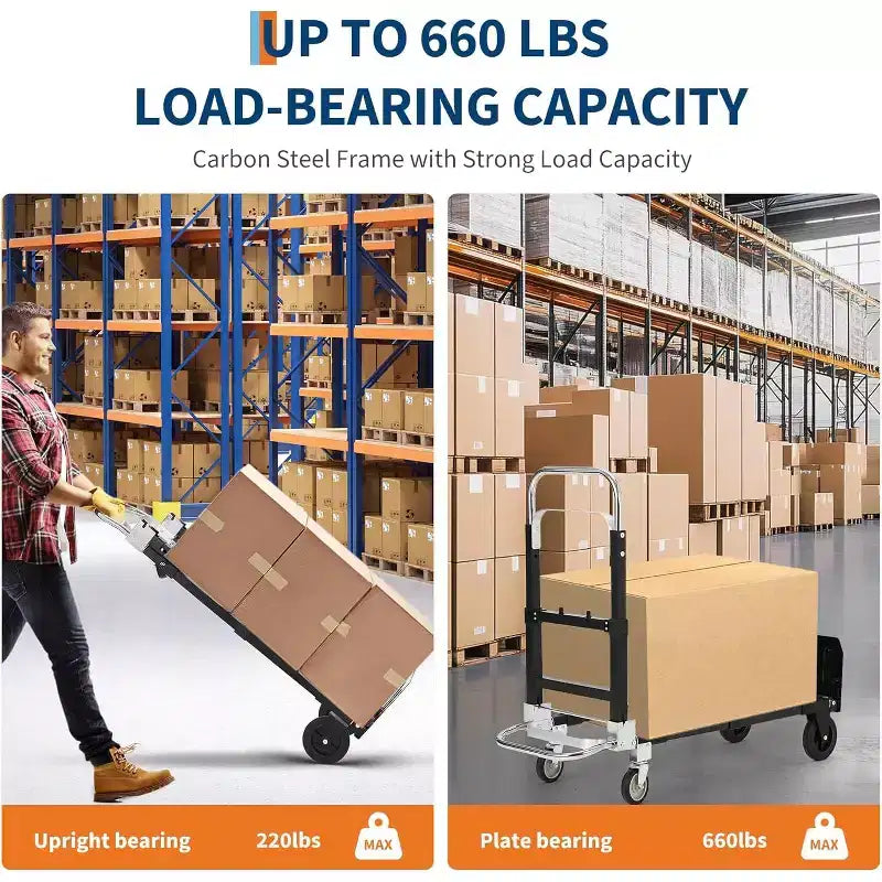 2 in 1 Convertible Hand Truck Dolly, 660 LBS Load Capacity Folding Cart with Wheels,Elastic Straps,Carbon Steel Collapsible Dolly Cart for Warehouse