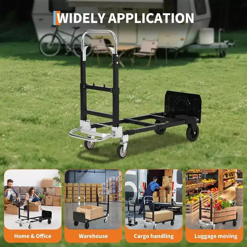 2 in 1 Convertible Hand Truck Dolly, 660 LBS Load Capacity Folding Cart with Wheels,Elastic Straps,Carbon Steel Collapsible Dolly Cart for Warehouse