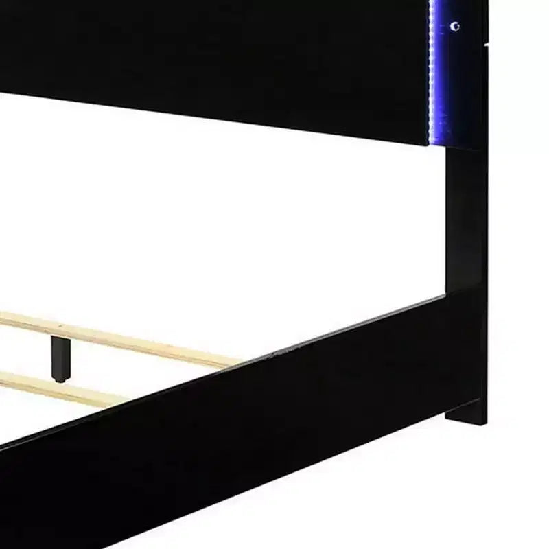 Queen Size Bed w LED Headboard, Piano Black Wood Frame