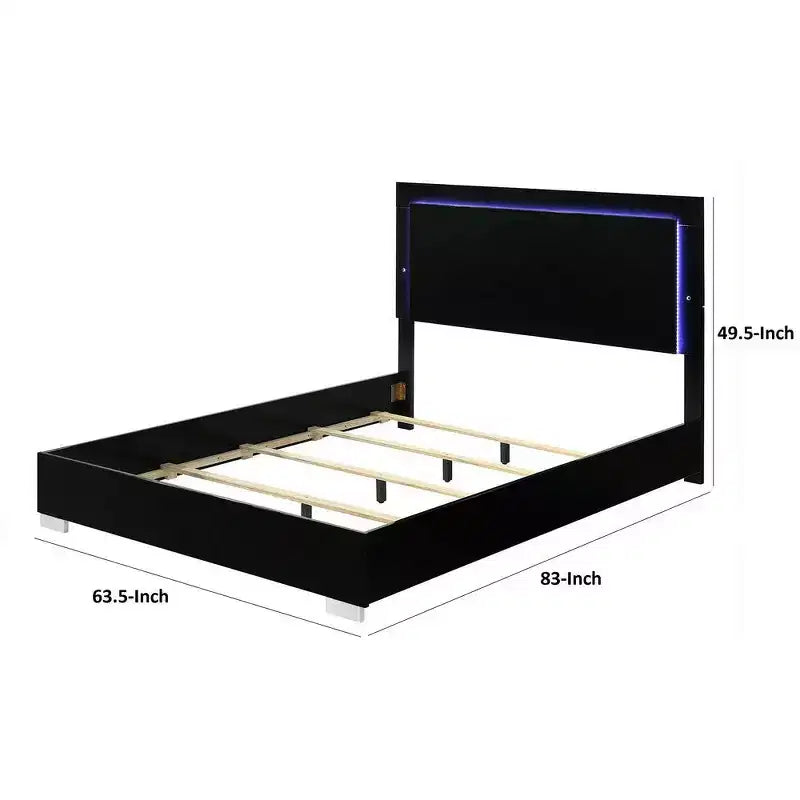 Queen Size Bed w LED Headboard, Piano Black Wood Frame